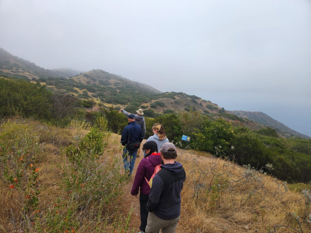 Group of hikers walking along a hillside trail with dry grass and shrubs, foggy hills in the distance and a hazy sky.