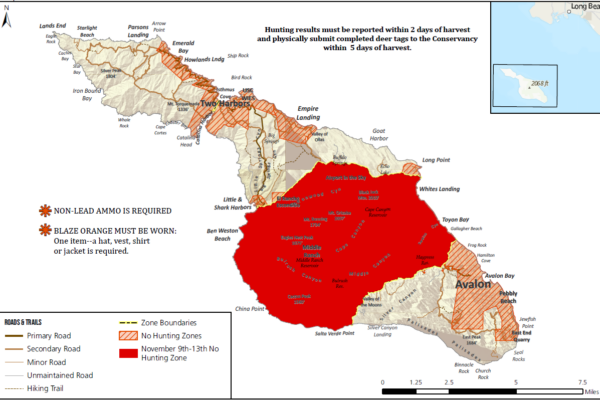Map of Catalina Island showing a large red hunting zone covering most of the island, with orange striped no-hunting zones along the northwest coast and near Avalon, plus a legend and scale.