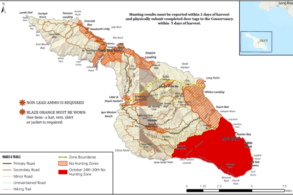 Coastal map highlighting orange-striped no-hunting zones and a large red hunting area near Avalon, with a legend for roads and trails.