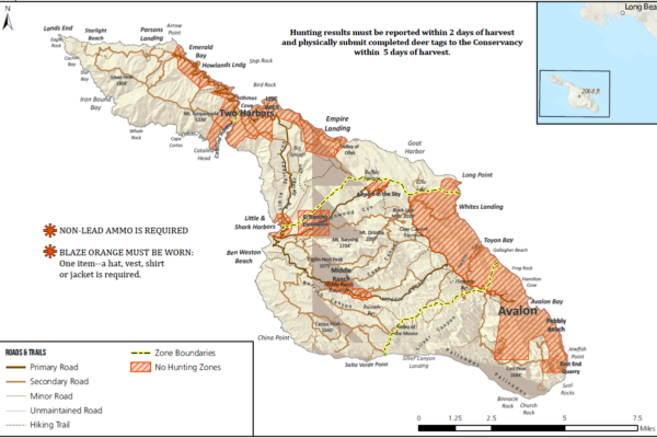 Map of Santa Catalina Island (Avalon to Two Harbors) showing zone boundaries, no-hunting zones in orange hatch, blaze-orange requirements, and legend for roads, trails, and hiking paths.