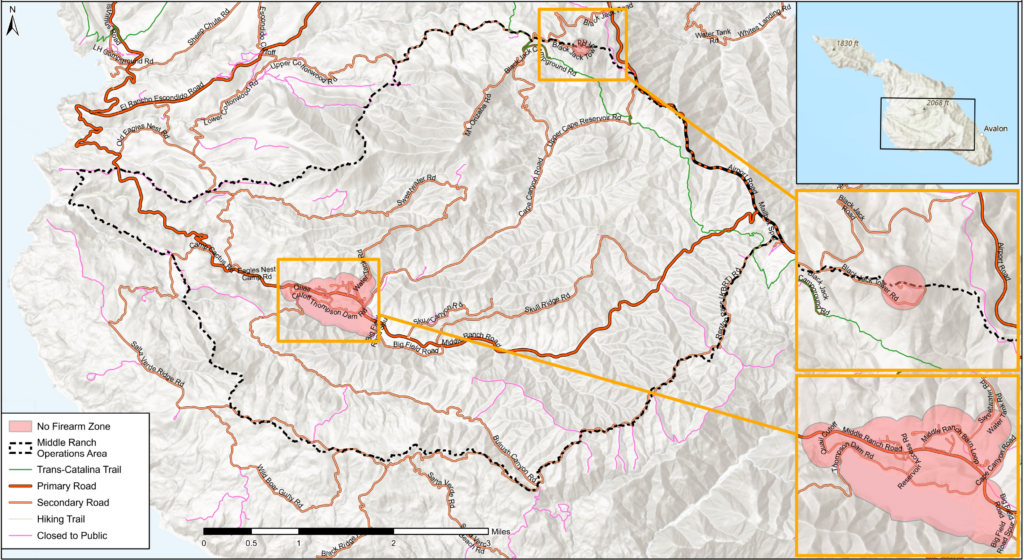 Topographic Catalina map showing no-firearm zones (pink), Middle Ranch Operations (dashed black), Trans-Catalina Trail (green), roads (orange primary, brown secondary), hiking trails (pink), and closed-to-public areas (purple) with insets for Avalon region.