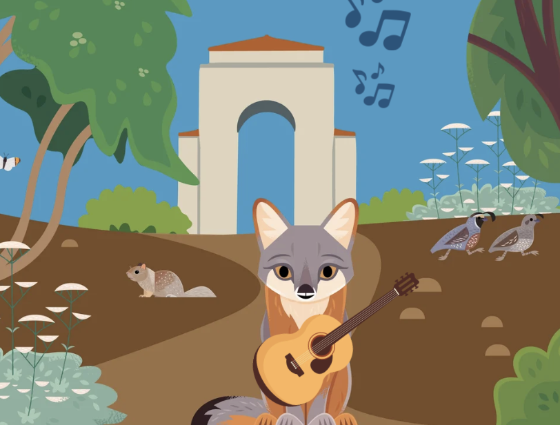 Fox wearing a red-orange coat sits on a path, playing a guitar in a colorful park with a large arch monument in the background.